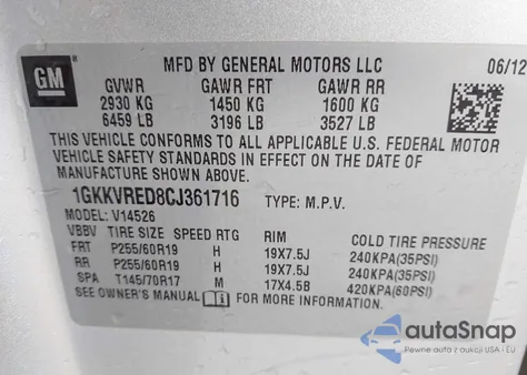 2012 GMC Acadia Slt-1 from USA, damaged, VIN 1GKKVRED8CJ361716